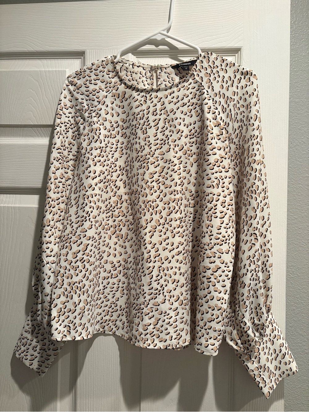 Express Cream Leopard-Print Long Sleeve Blouse